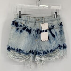 Zara high rise cut-off jean denim shorts blue tie dye raw hem shredding new 6
